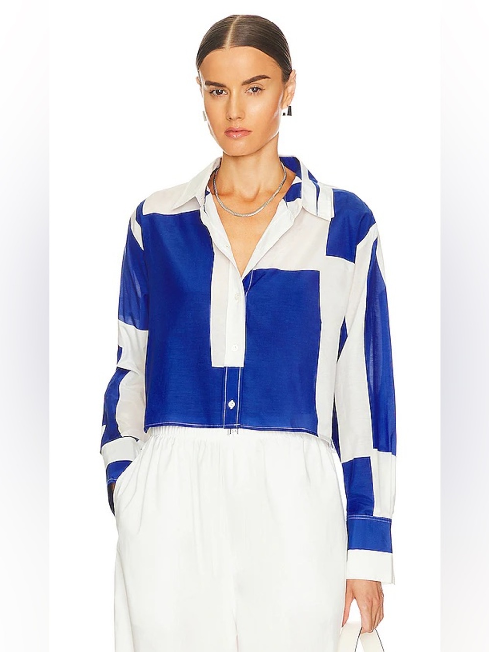 FRAME Blue and White Bold Geometric Button-Down Cropped Shirt - size Small